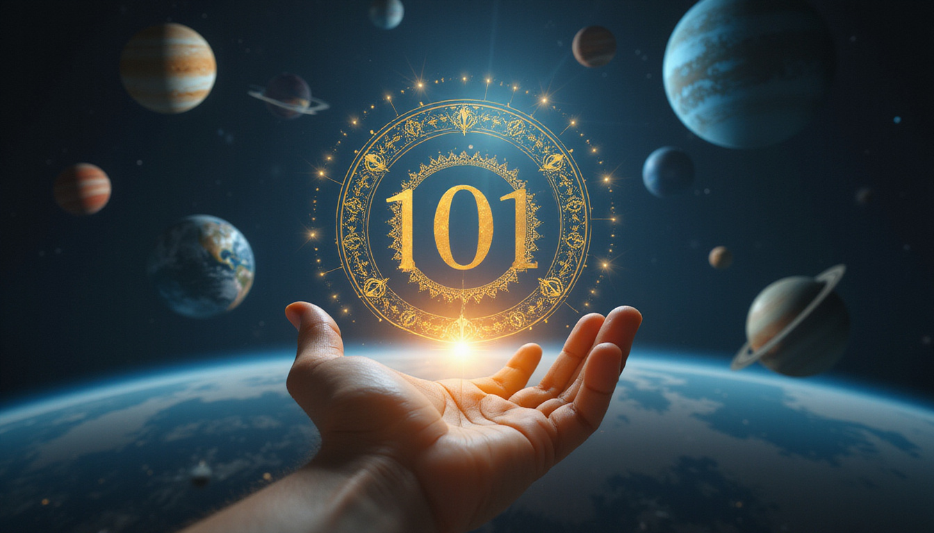 Modern hand circling luminous date beneath planets, mystical light, ornate golden symbols