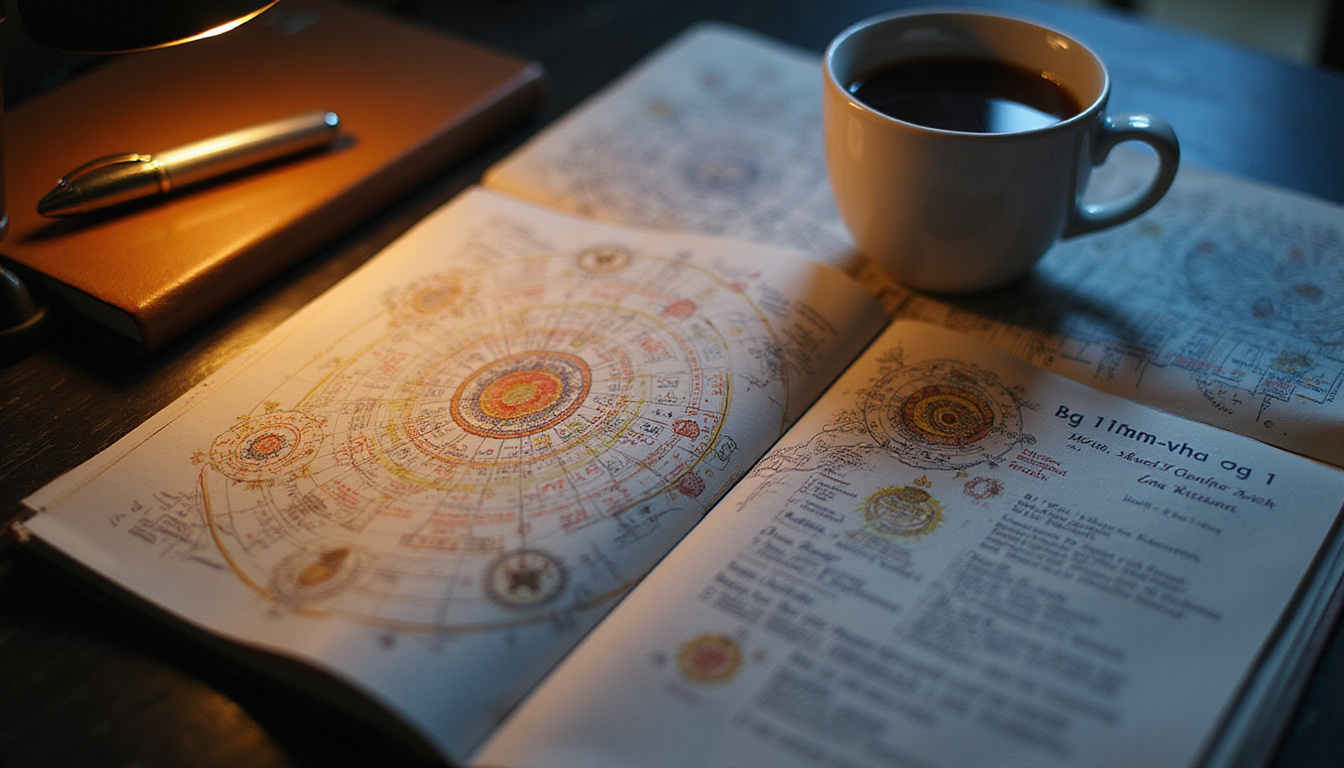  Practical astrology desk with charts, notebook, coffee, pen, glowing sector highlighting year