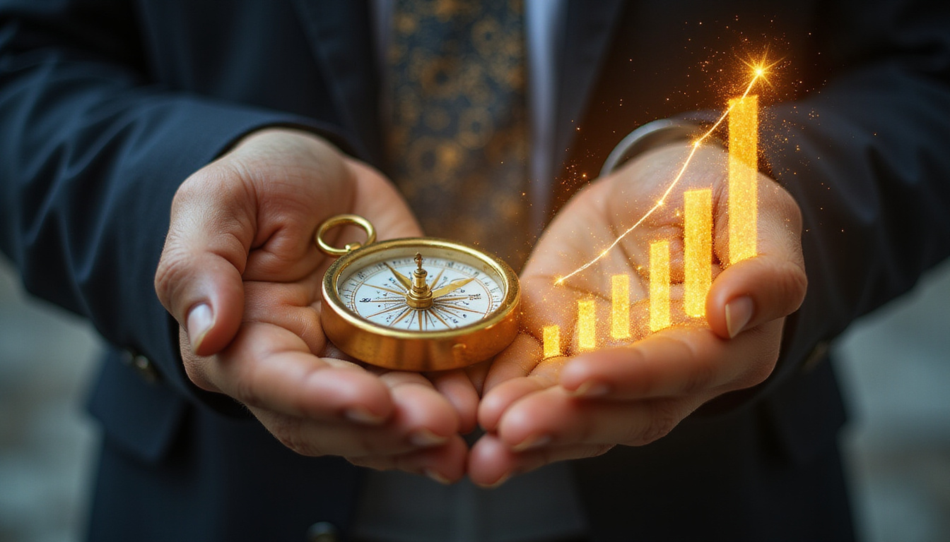 Golden astrological chart overlay on CEO hands holding compass beside ascending holographic growth graphs