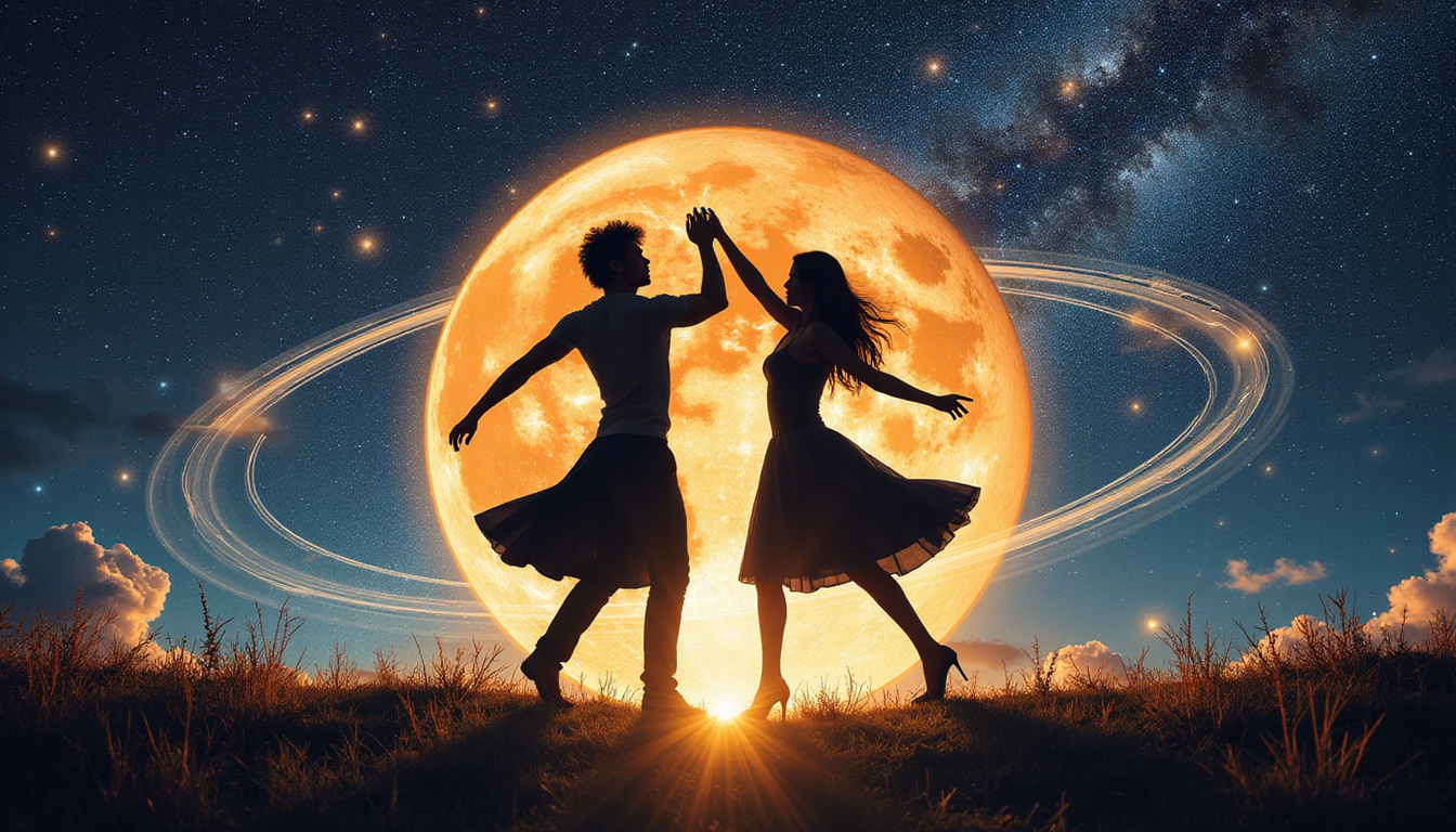  Dramatic lovers silhouette against planetary rings, explosive stars, tarot-style Aries and Aquarius clashing