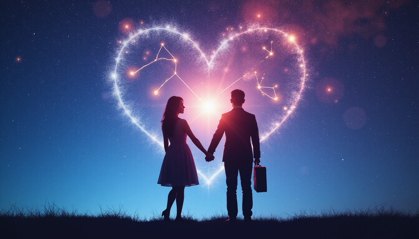 Two silhouettes linked by zodiac constellations, cosmic light aligning hearts and briefcases