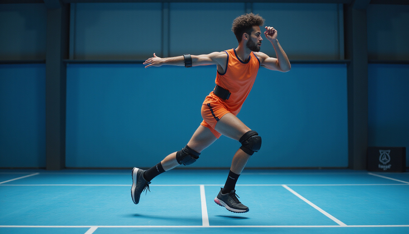  Athlete with wearable motion sensors, annotated joint angles, dynamic court motion-capture, high-detail cinematic lighting