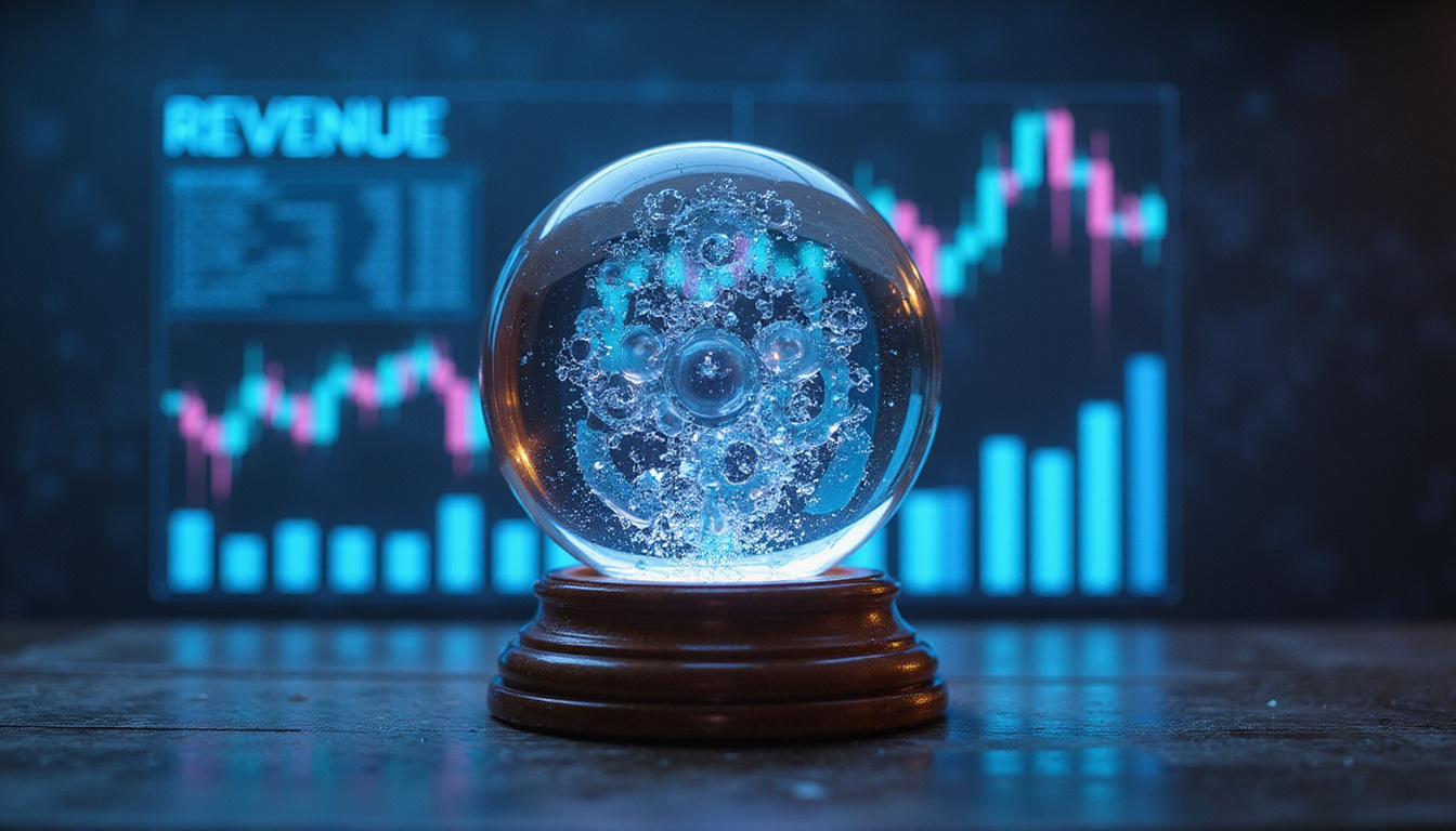 Crystal ball merges with financial charts, neon data streams and gears symbolizing accurate revenue predictability