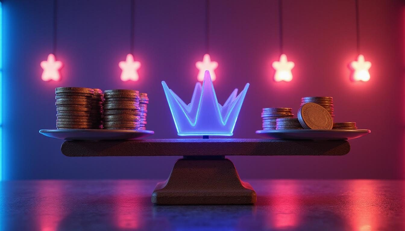  Scale balancing coins and luxury suite crown icons glowing neon concierge service backdrop