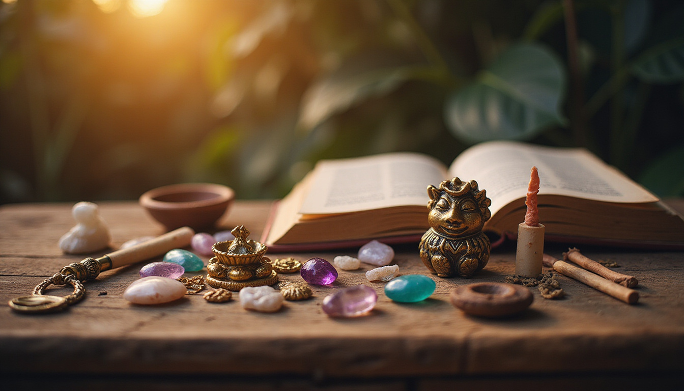 Assorted lucky charms on wooden altar, crystals, incense, ancient guidebook, golden light