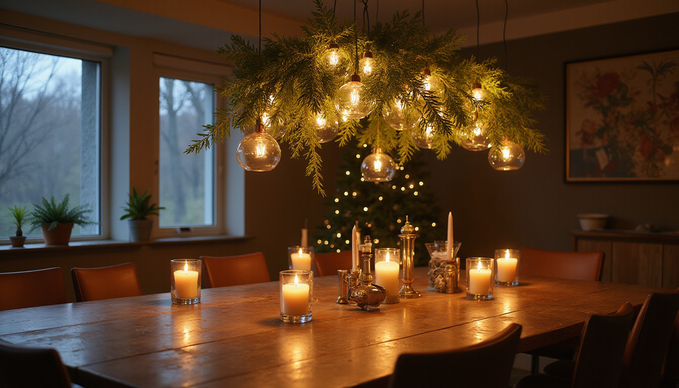 Modern glass orb mistletoe chandelier suspended above festive dining table glowing candles