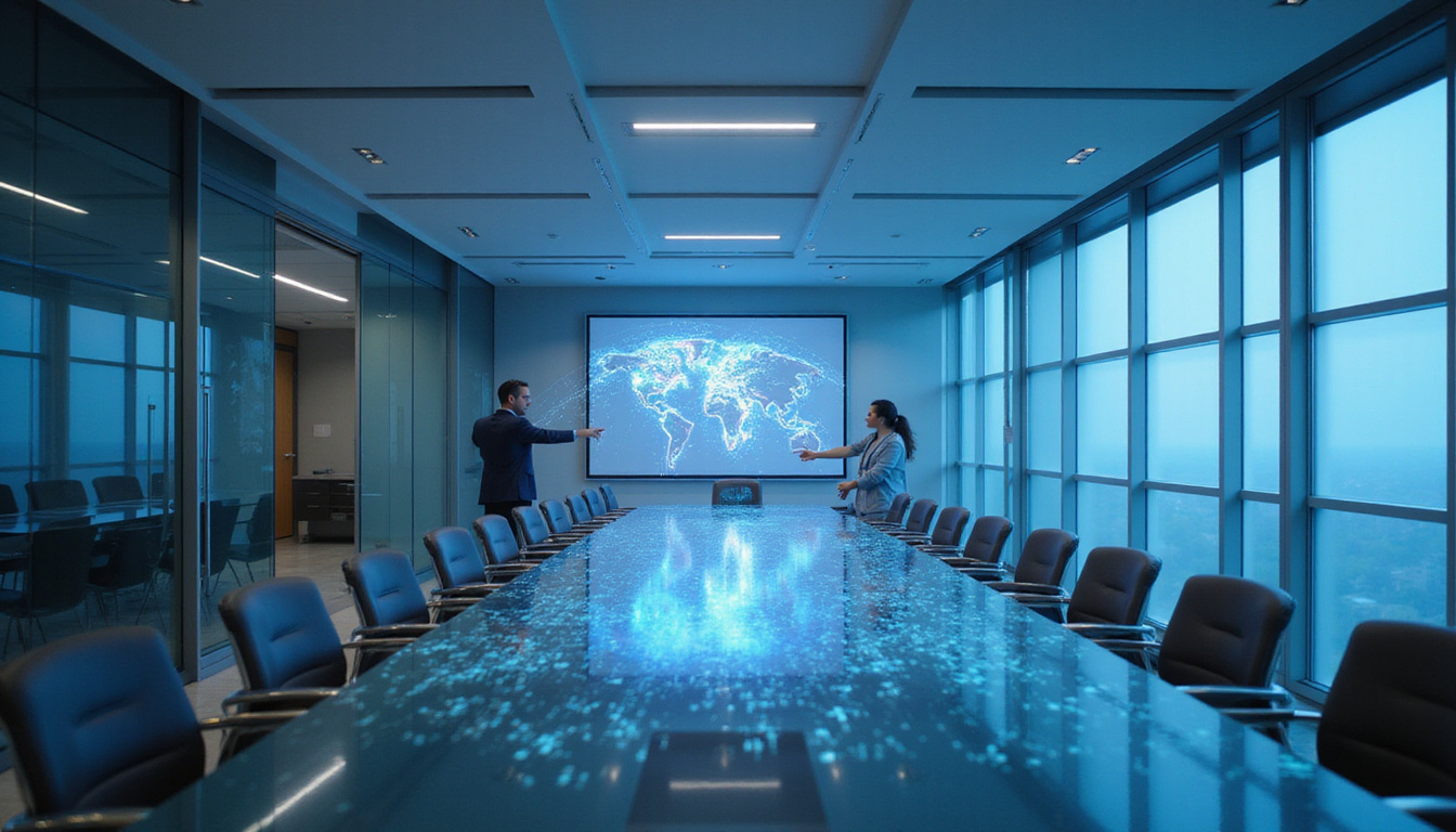  Modern hospital boardroom, executive pointing at holographic best-practice roadmap, compassionate multidisciplinary staff, visionary lighting