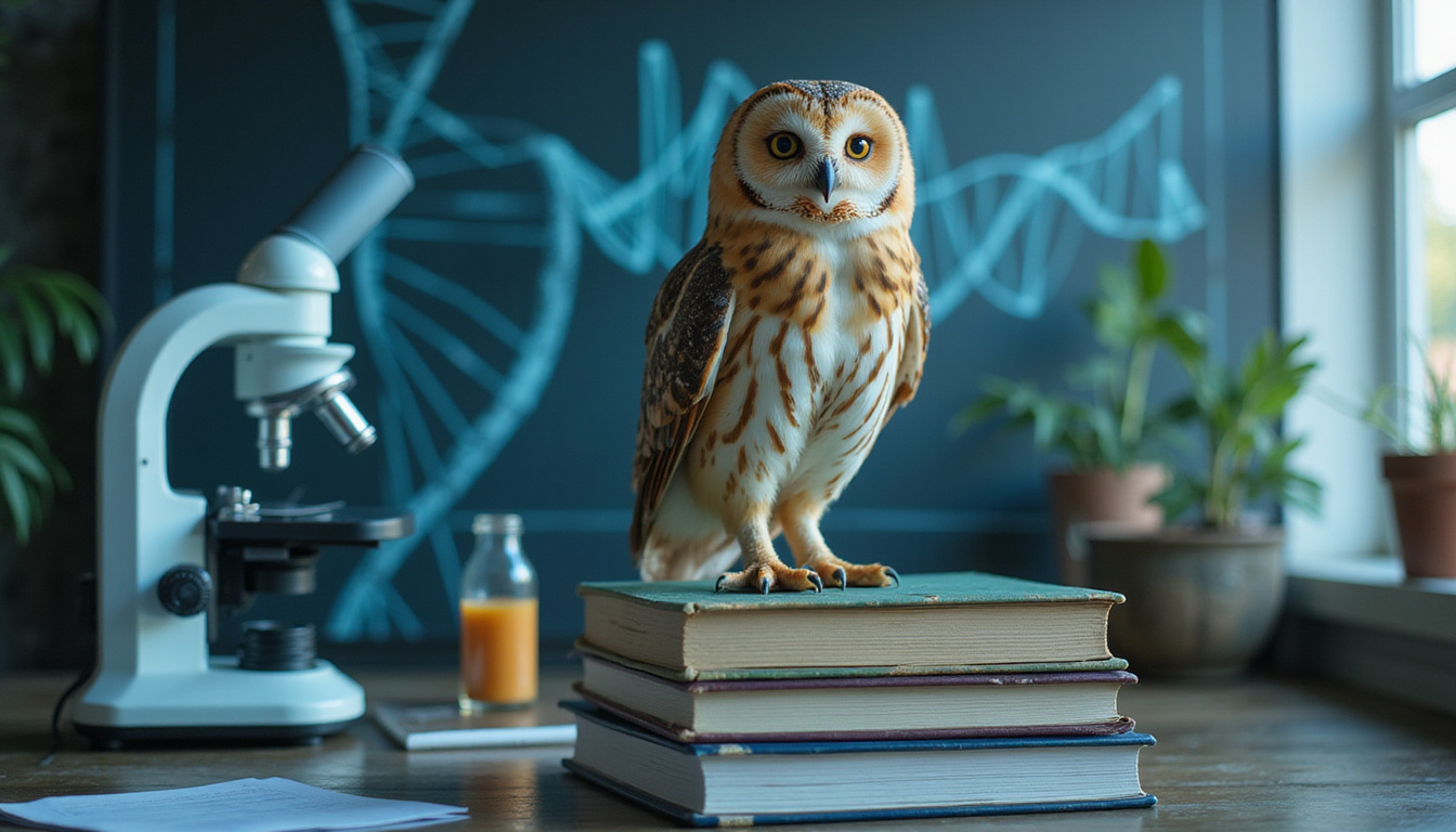 Barn owl on stack of science journals, swirling DNA helix, microscopes and data graphs, cinematic light