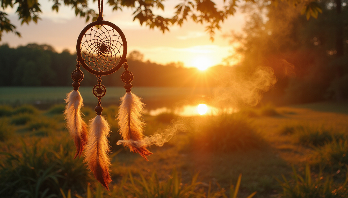Cleansing ritual: dreamcatcher hanging outdoors, sage smoke curling, golden sunset, crystals, gentle breeze