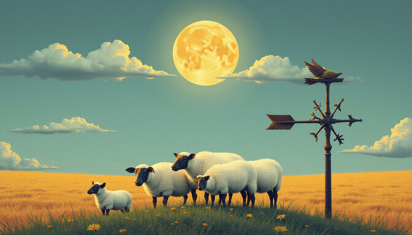 Moon halo over moor, sheep huddling, leaning wind vane, storm clouds brewing, vintage illustrated style