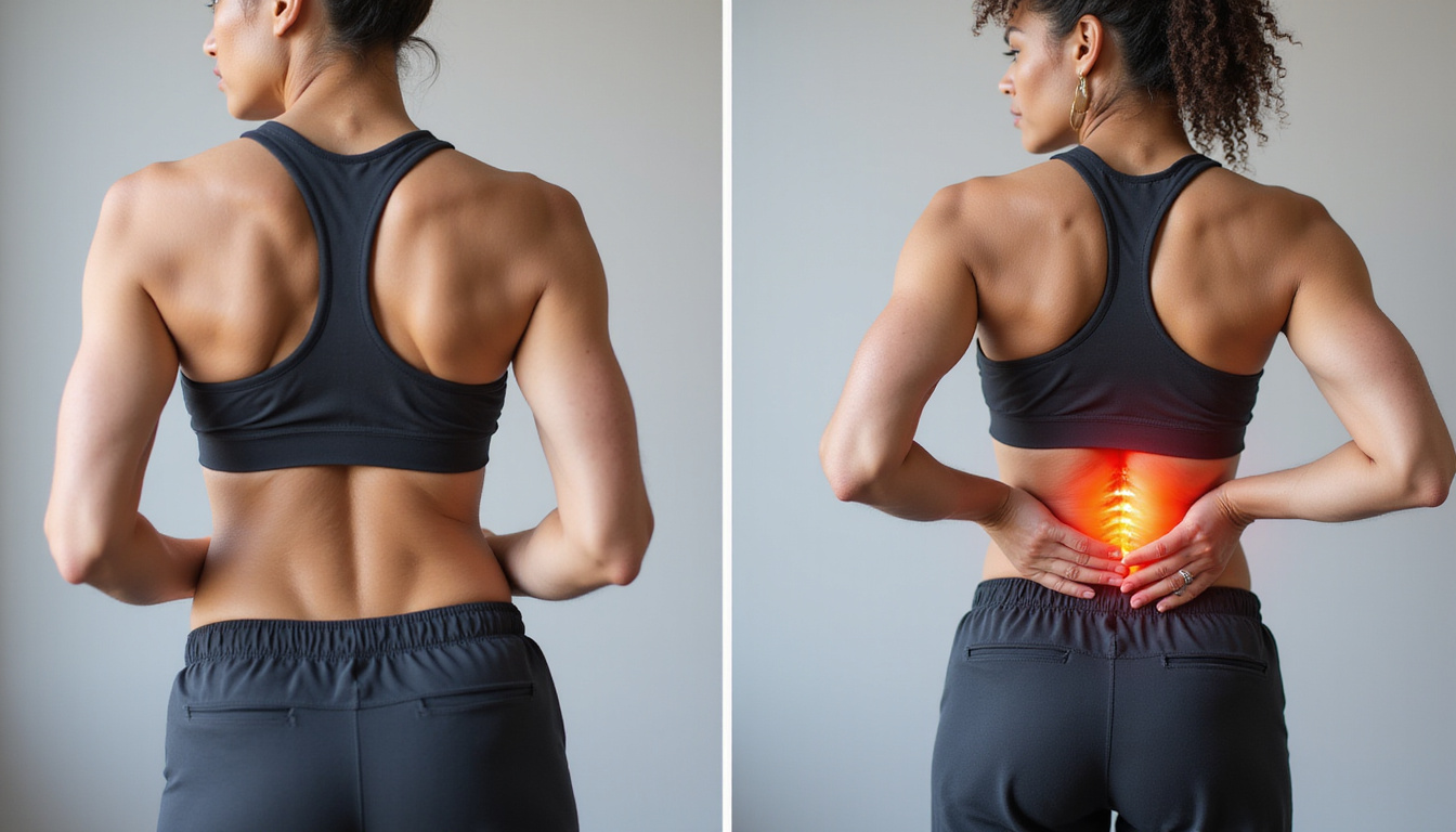  Before and after split image: rounded back versus neutral spine, pain-free powerful lift, dynamic energy trails
