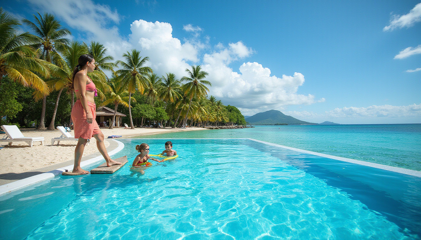  Vibrant beachfront resort scene infinity pool palm trees water sports snorkeling coral reefs family enjoying