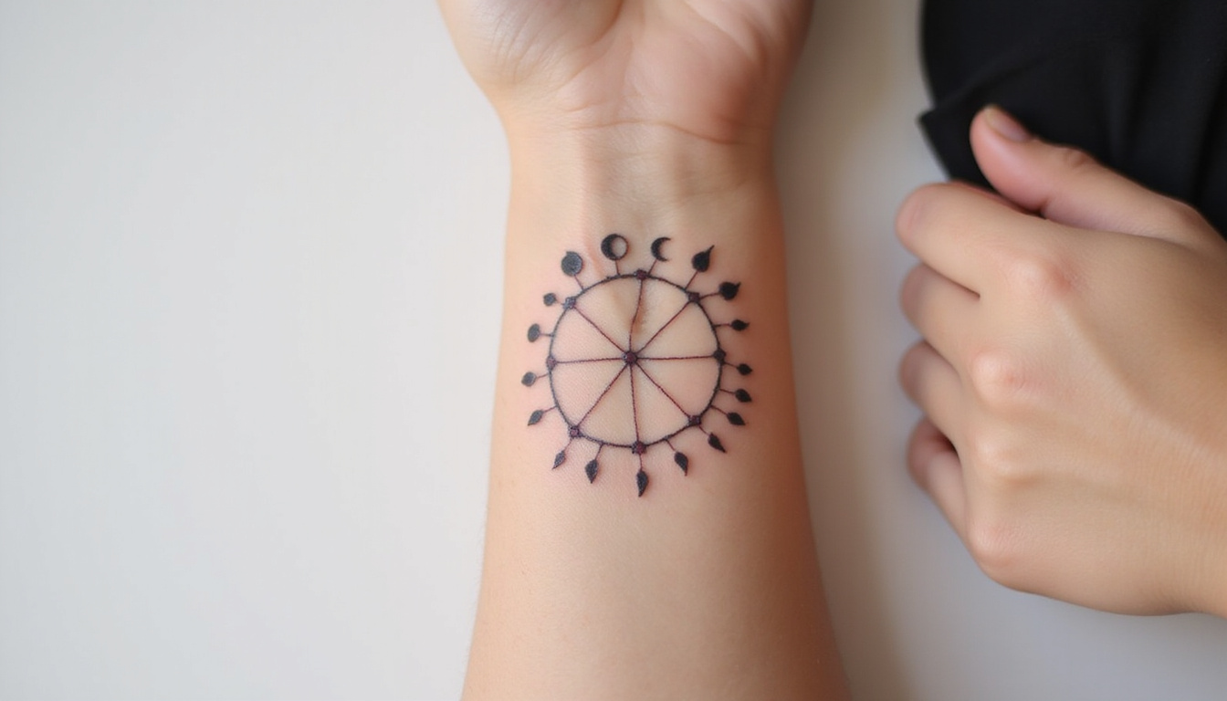 Minimal black line zodiac symbols, delicate geometric constellations, single-sign wrist tattoos, subtle moon phases