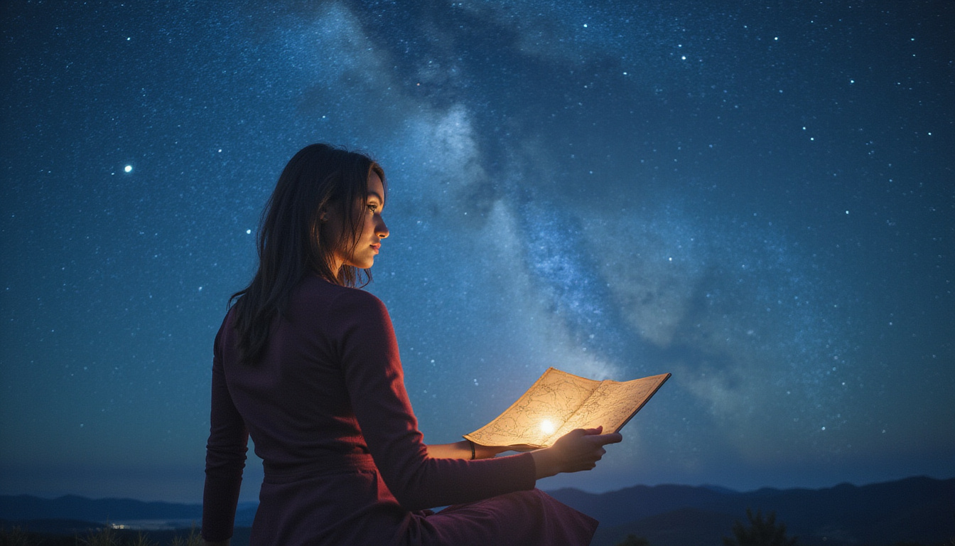Confident woman reading celestial map under starlit sky, luminous lines marking destiny shift