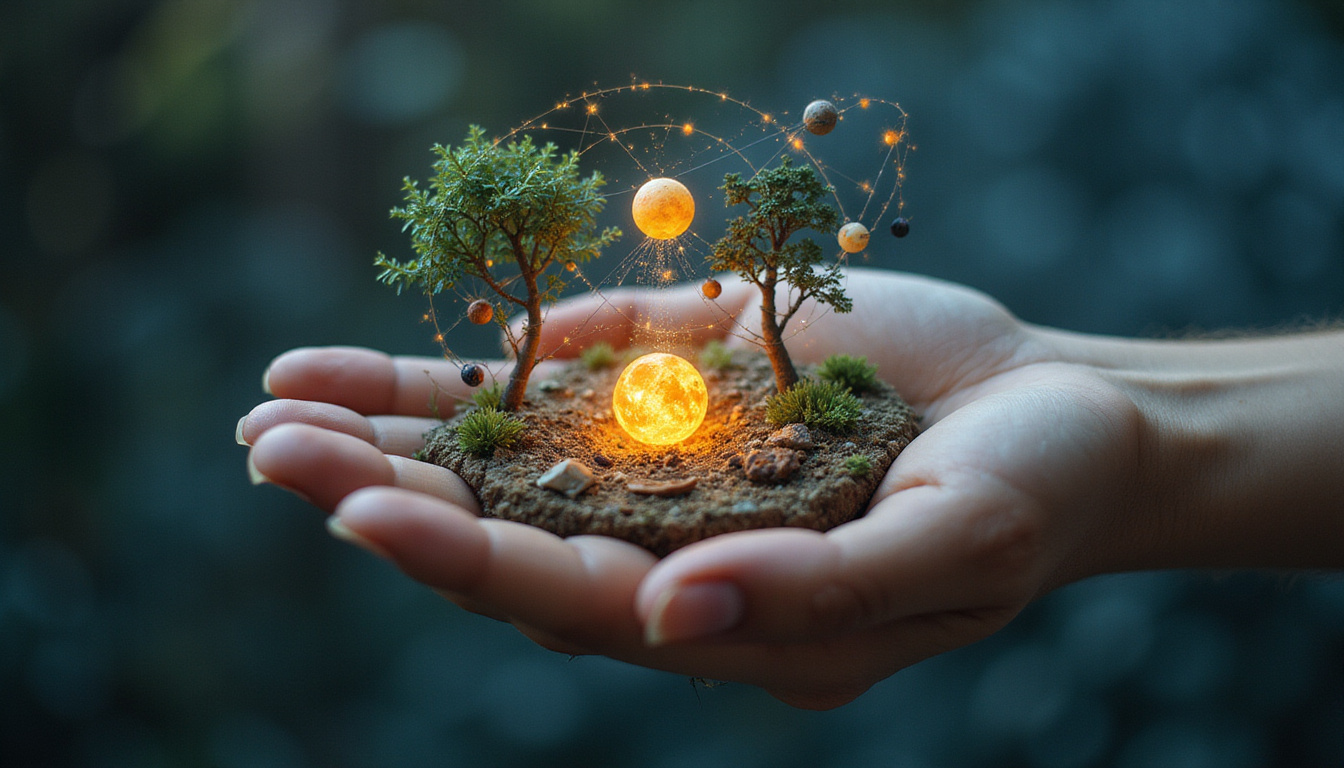 Surreal hand cradling miniature solar system, zodiac constellations streaming luminous threads into domestic scenes