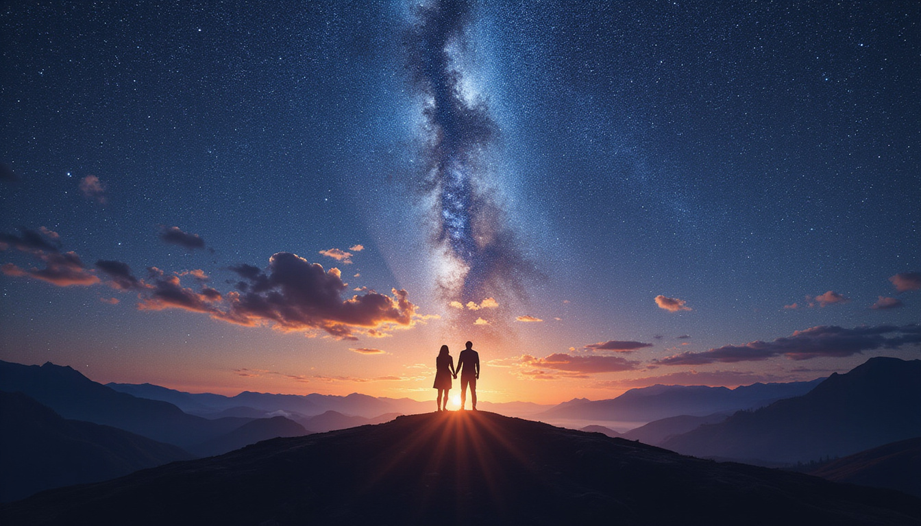 Silhouetted couple beneath shifting constellations, progressed aspects illuminating surprising bonds with luminous threads