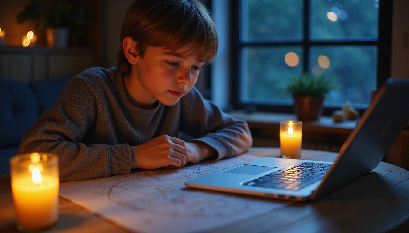 Curious beginner decoding birth chart with laptop, star map, candles, glowing planetary glyphs