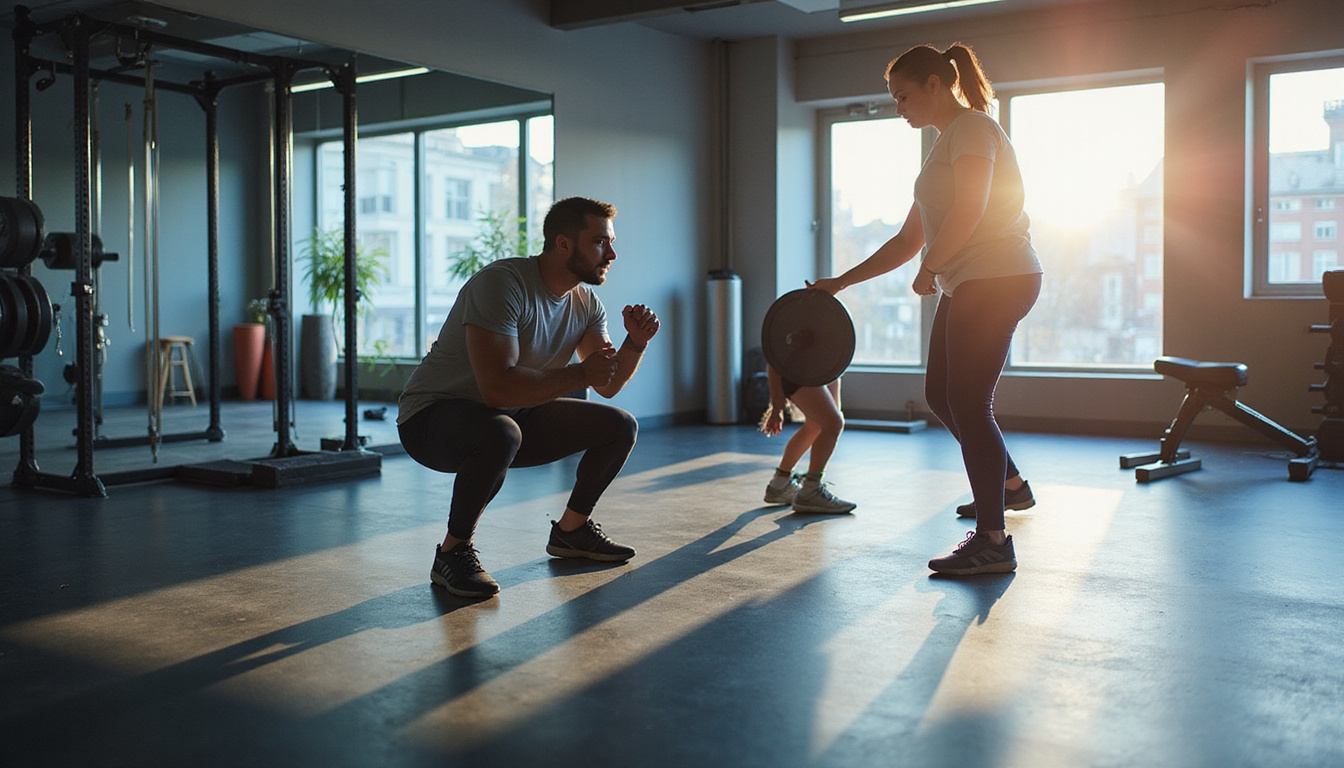 Functional training scene, coach guiding squat-to-lunge transition, motion blur, modern studio