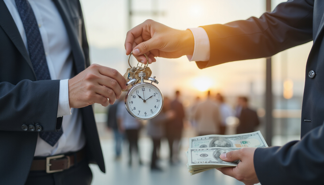  Real estate agent handing keys, stopwatch overlay, stack of cash, bustling open house crowd