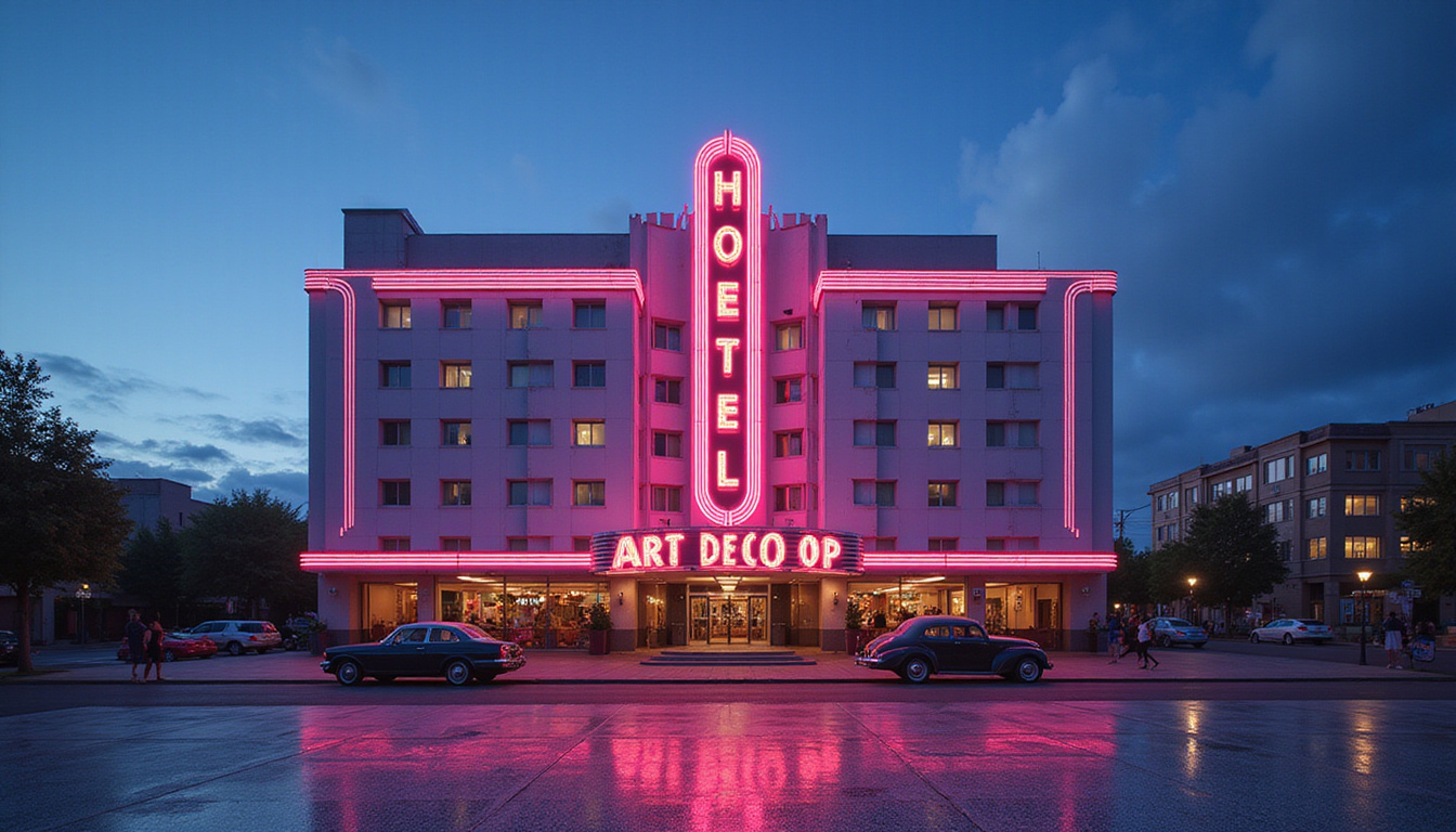 Neon Art Deco hotel exterior at dusk, geometric façade, terrazzo plaza, vintage cars, glamorous silhouettes