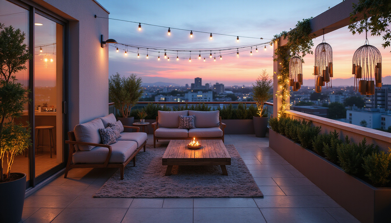  Minimalist rooftop terrace at dusk, brushed-metal chimes, warm string lights, potted succulents, soft breeze