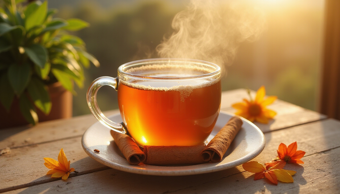 Cup of steaming cinnamon tea releasing flavor ribbons transforming into wellness icons, sunlight, cozy morning