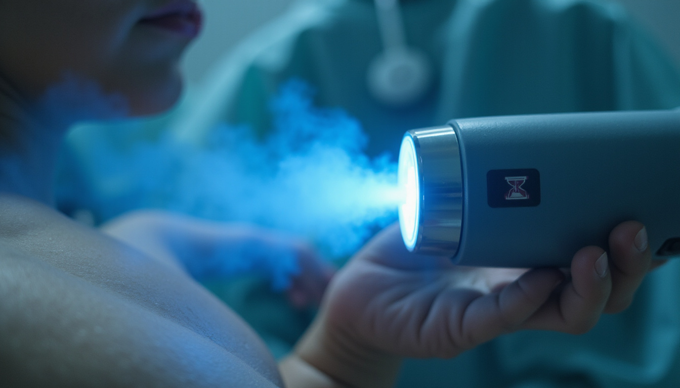  Close-up microjet device releasing gentle blue vapor, patient skin, glowing hourglass icon, sterile background
