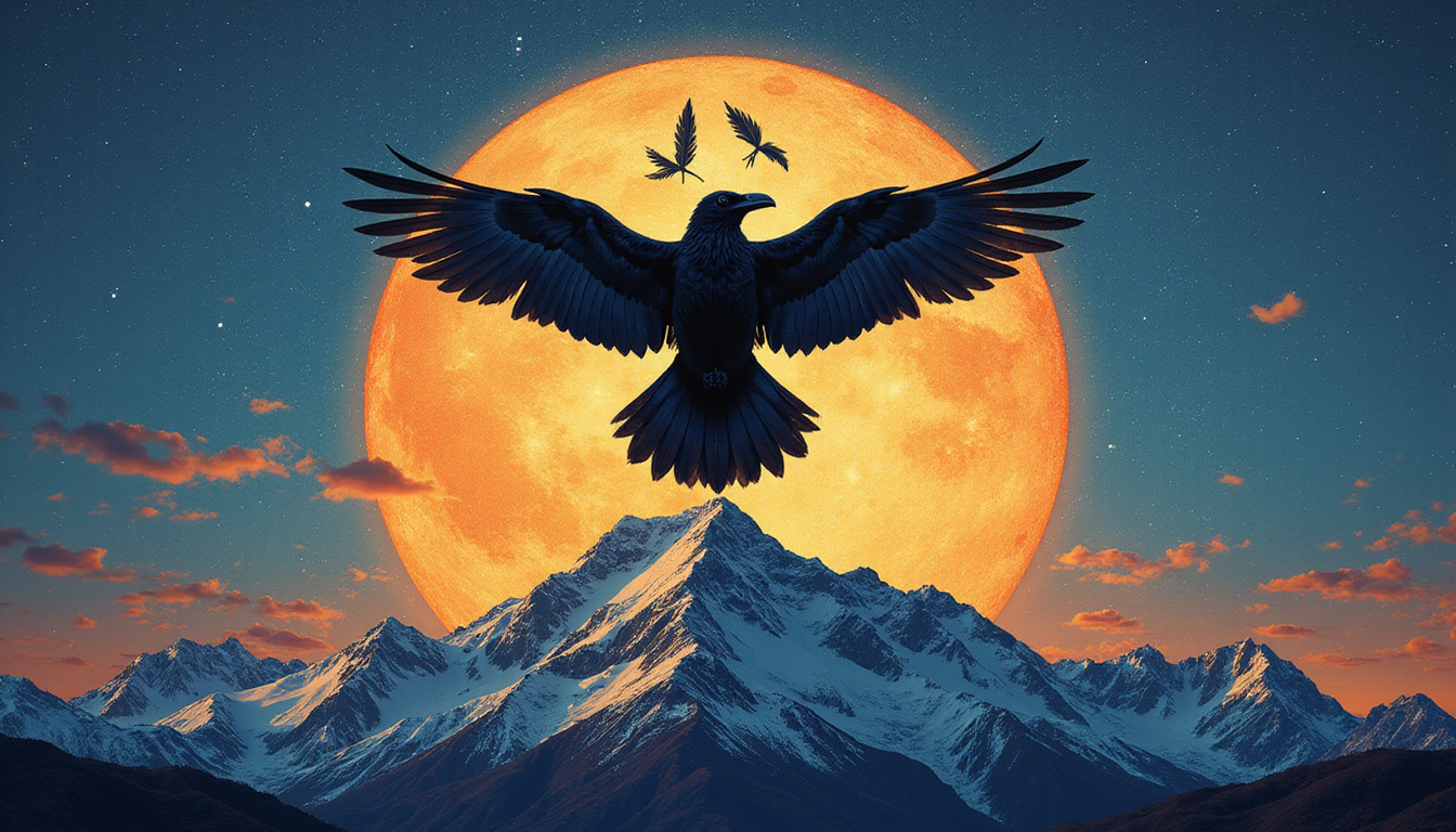  Ancient raven delivering symbolic feathers above moonlit mountain, shamanic symbols swirling