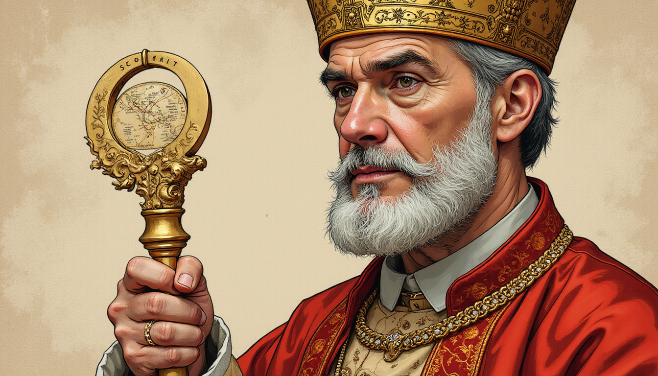 Bishop in ornate mitre clutching ivory crozier, secret map etched inside golden crook