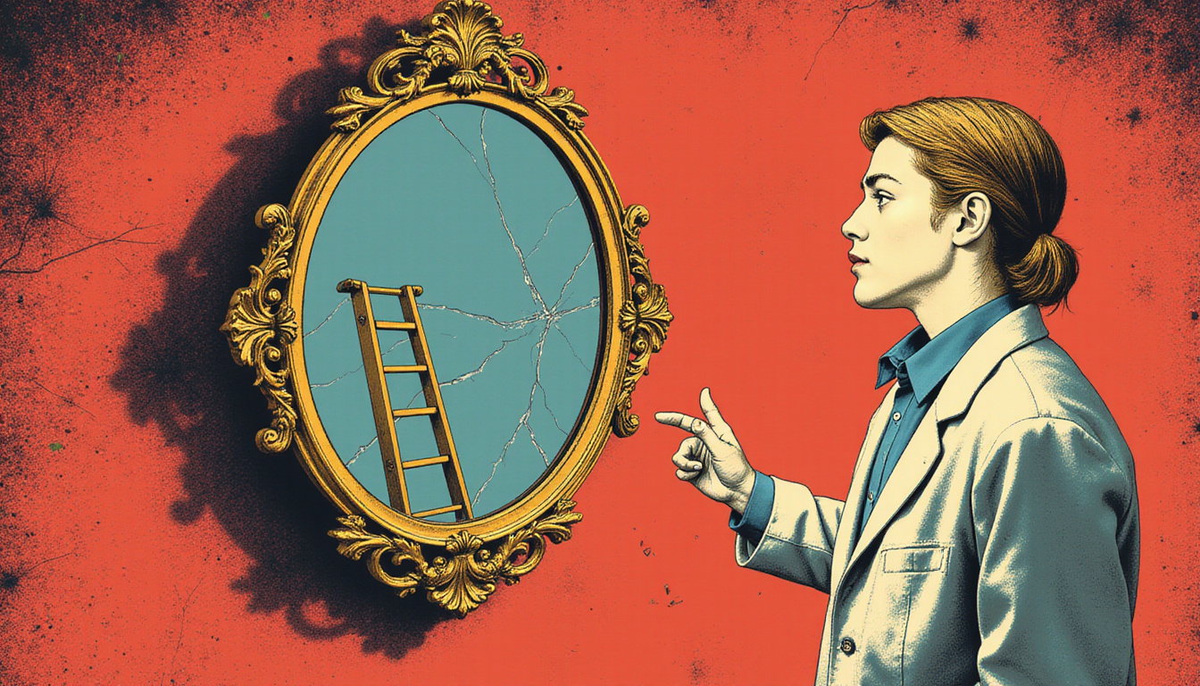 Retro infographic: scientist exposing Friday the 13th myths, cracked mirror, ladder, confident survival tips