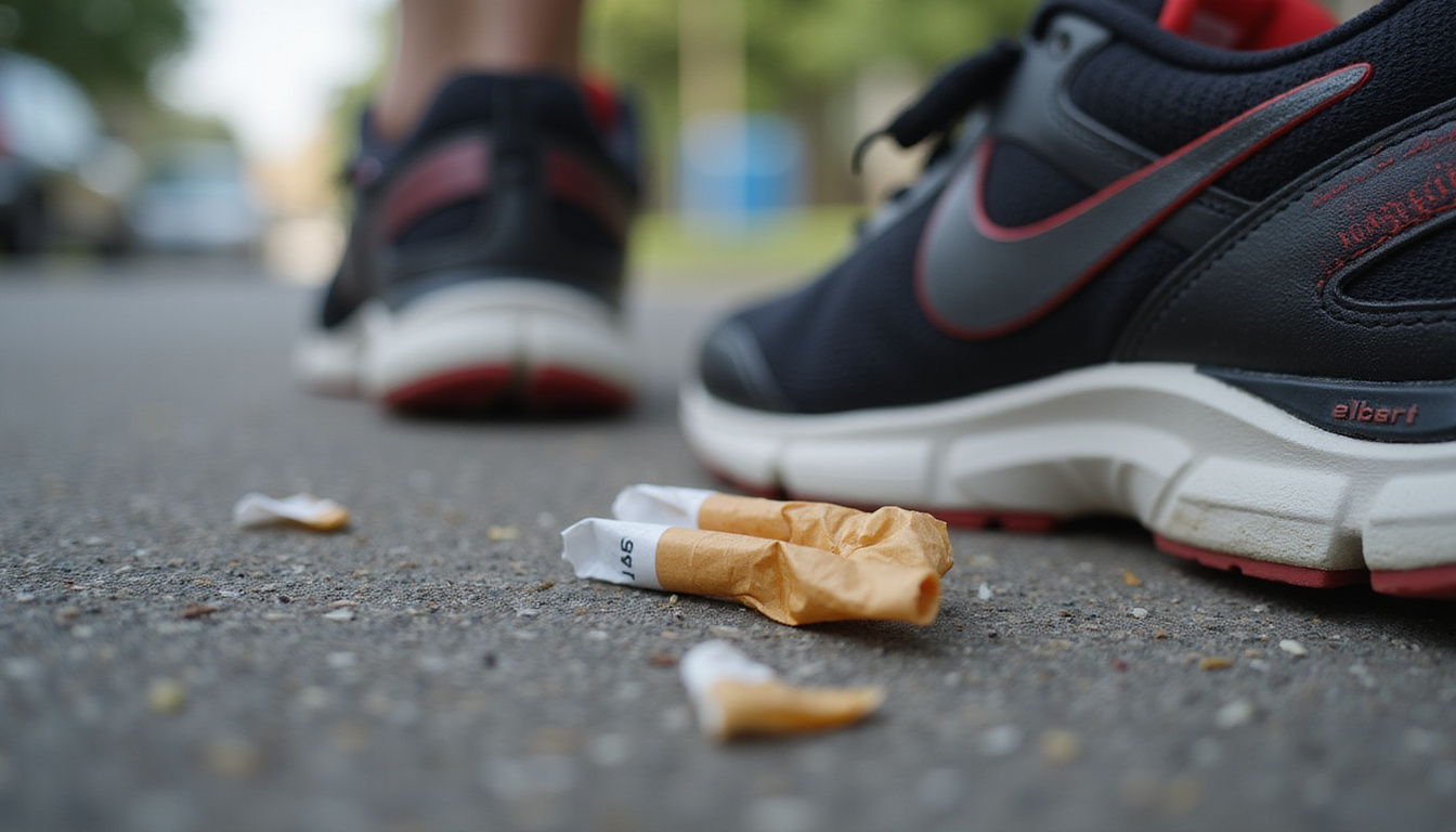 Close-up of crumpled cigarette pack discarded beside jogging shoes, vibrant energetic street scene