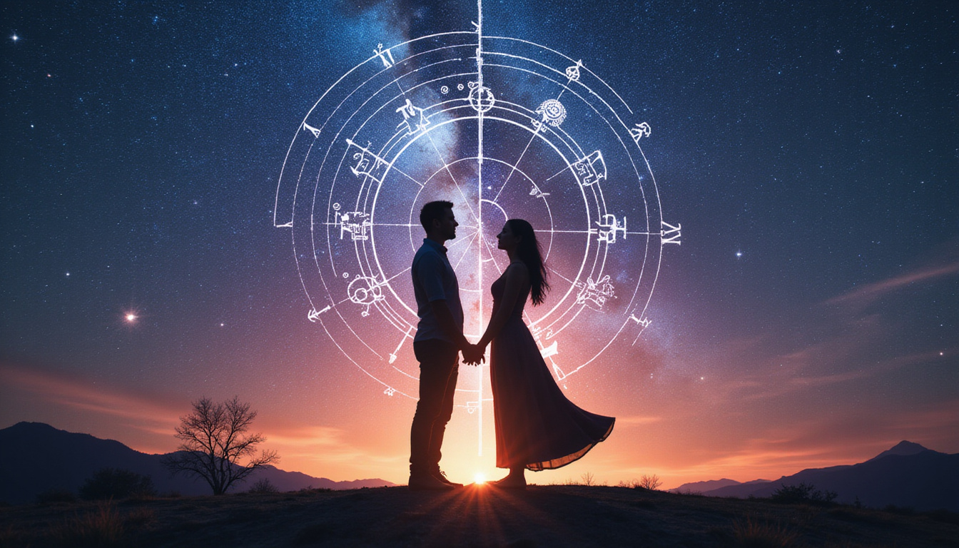  Silhouetted couple under split celestial map, opposing astrological symbols magnetically transforming love