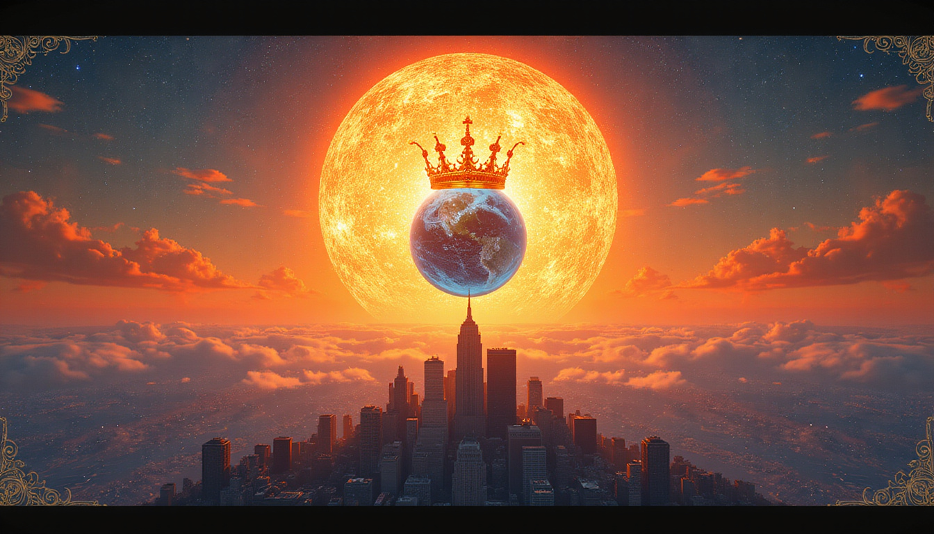 Cazimi moment: planet nested in sun, golden crown, ascending city skyline, mystical sigils, cinematic