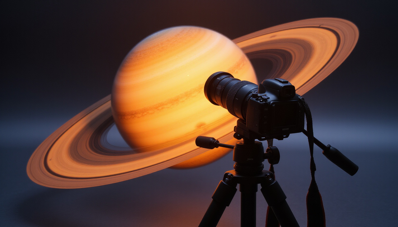 Saturn through eyepiece at opposition, glowing rings and shadows, DSLR attached, silhouetted tripod
