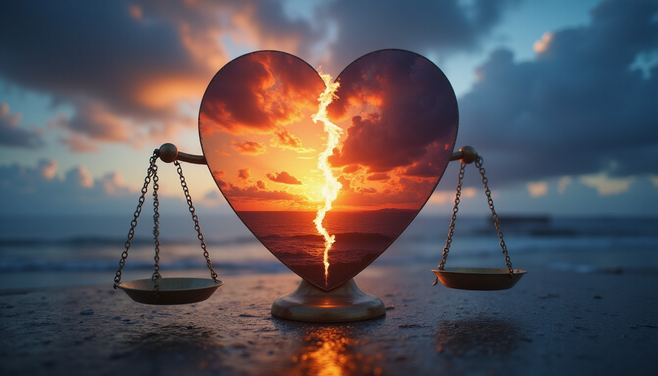 Weather-map heart split into warm sunrise and stormy night, delicate scales balancing emotions
