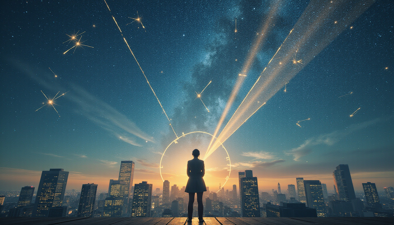 confident woman beneath zodiac constellations, city skyline, golden career ladder, empowering beams