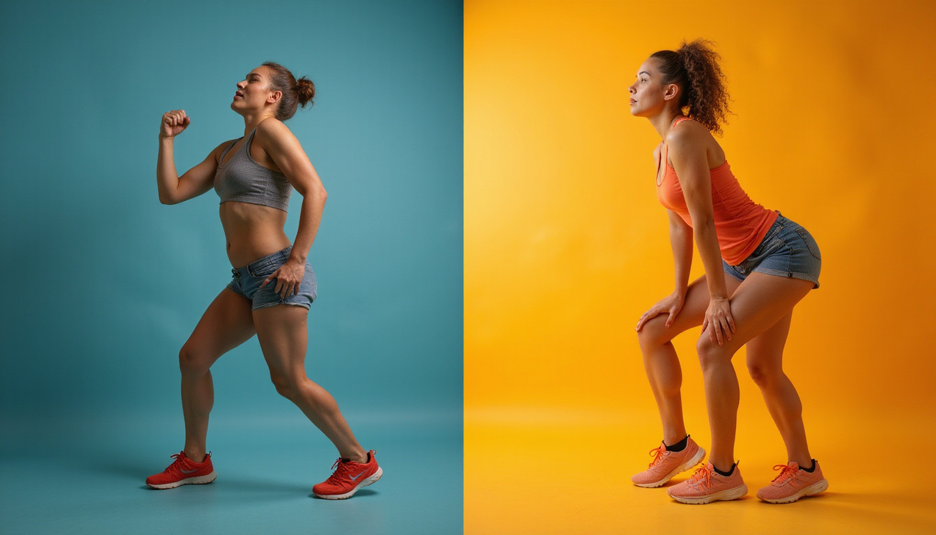  Split-scene before-and-after: exhausted heavy lift versus energized fresh lifter, warm golden tones