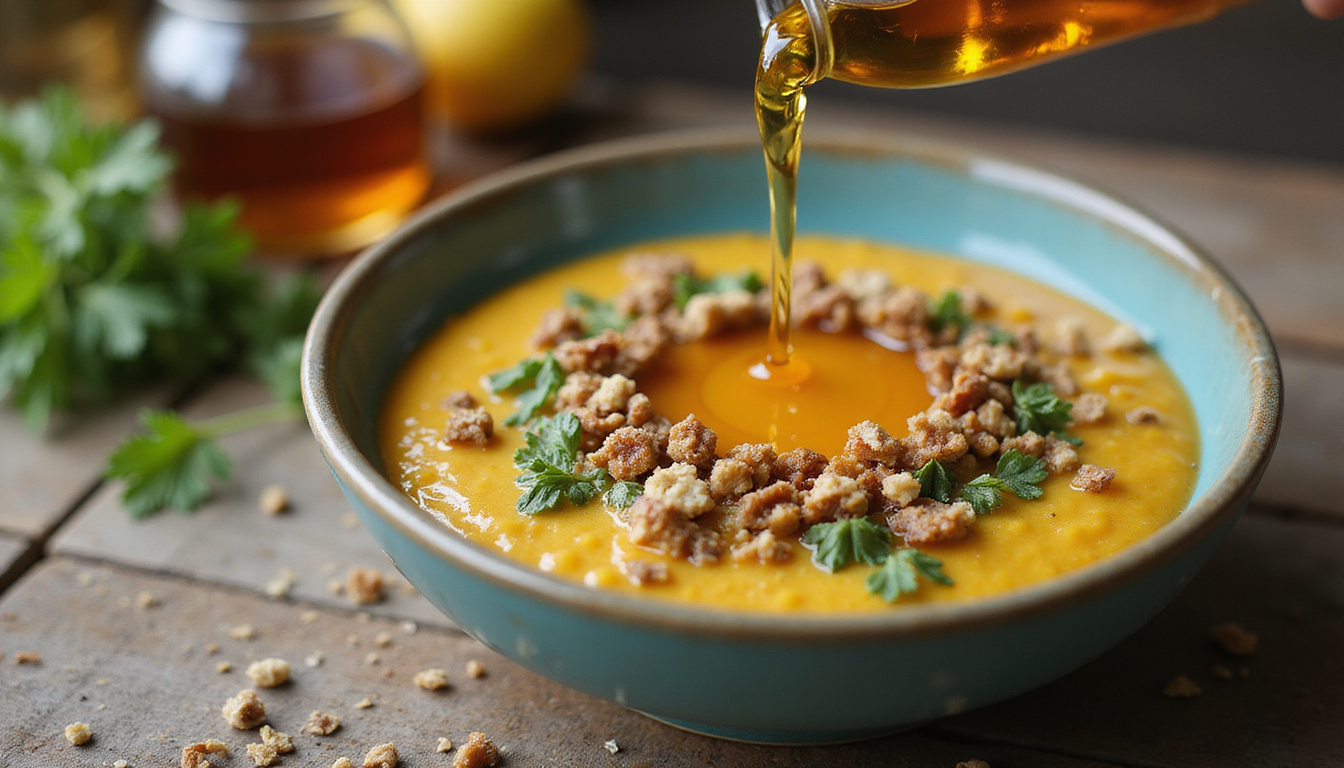  Close-up of viscous amber oil drizzling over smoothie bowl, herbs, glass bottle, rustic wood