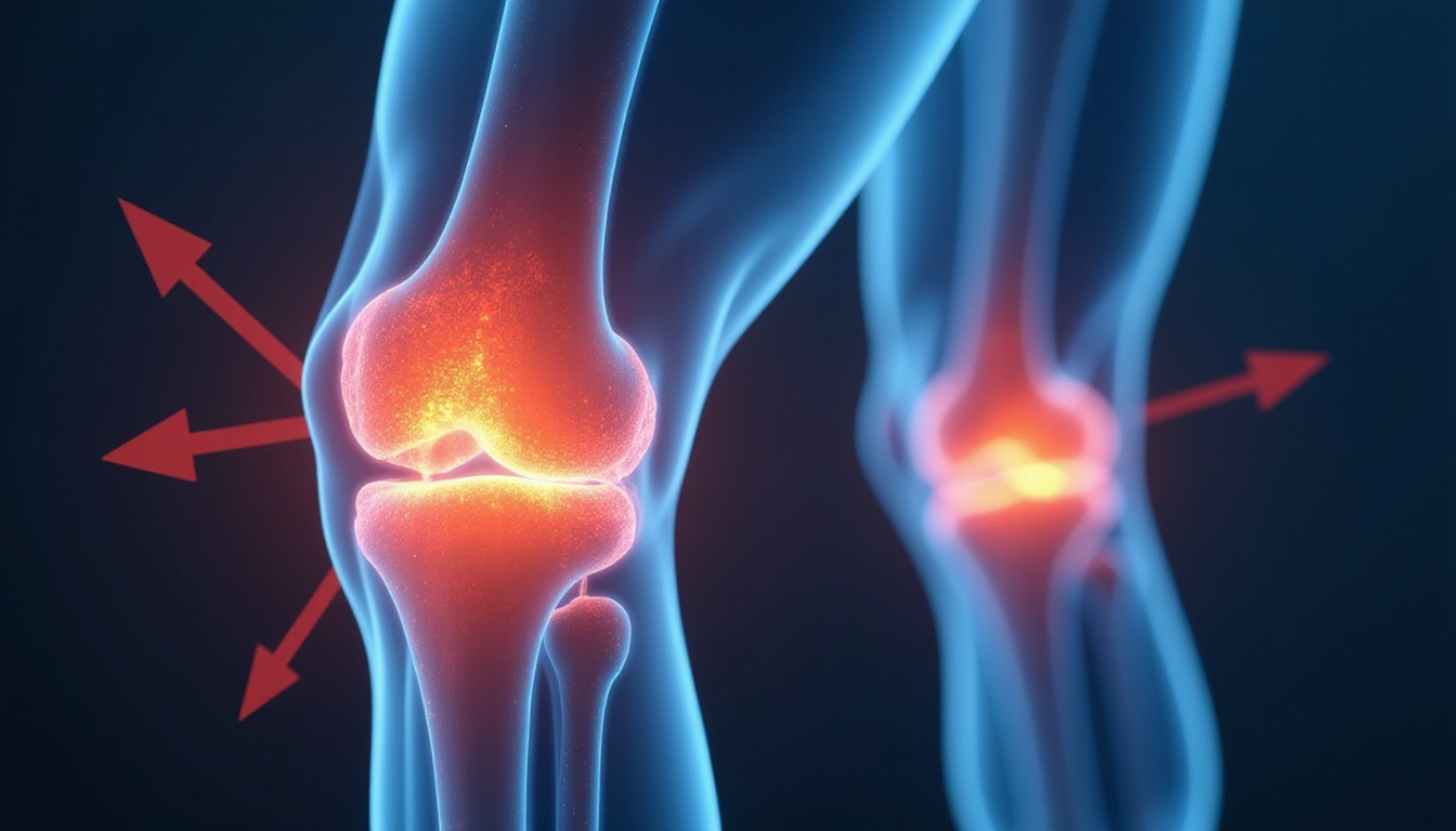 Transparent anatomical knee joint overlay, glowing inflammation fading, directional arrows, restored mobility visualized