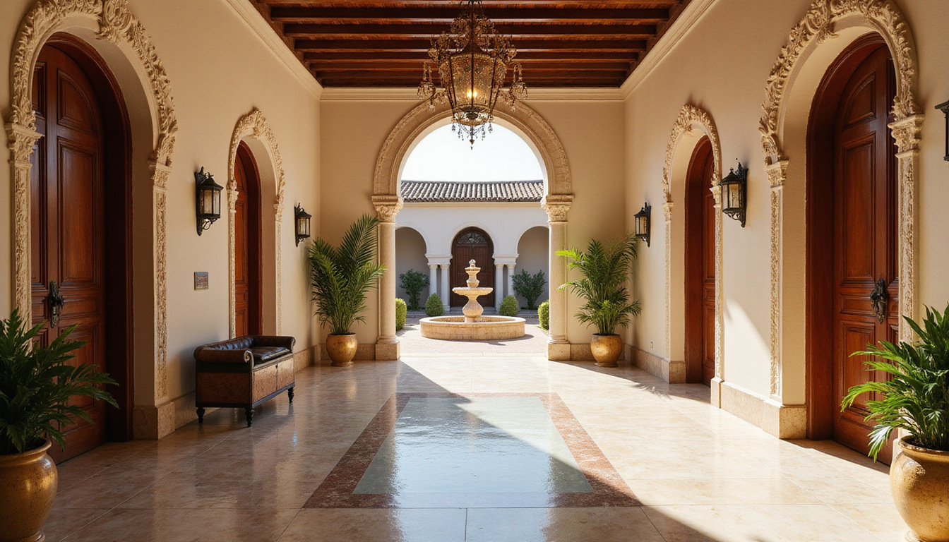  Opulent villa interior, marble foyer, carved wood doors, fountain courtyard, vintage Egyptian art