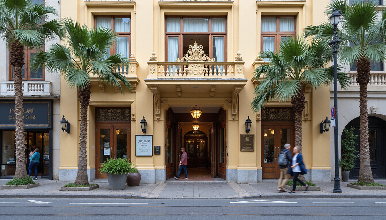  Historic downtown hotel facade, grand entrance facing bustling street, tram, palm trees, pedestrians