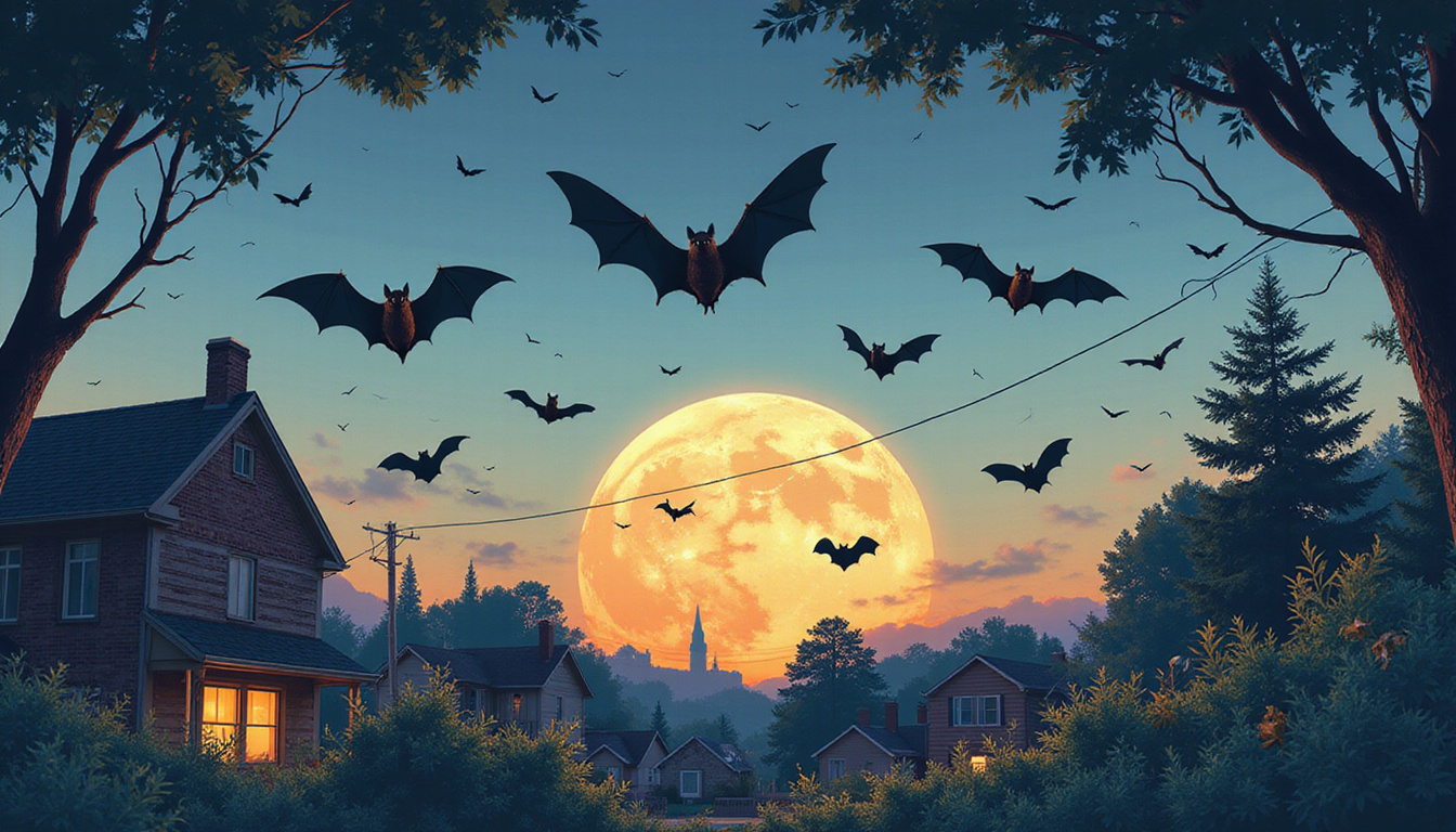 Myth-busting poster showing friendly bats, labeled facts, urban backyard at dusk, soft colors