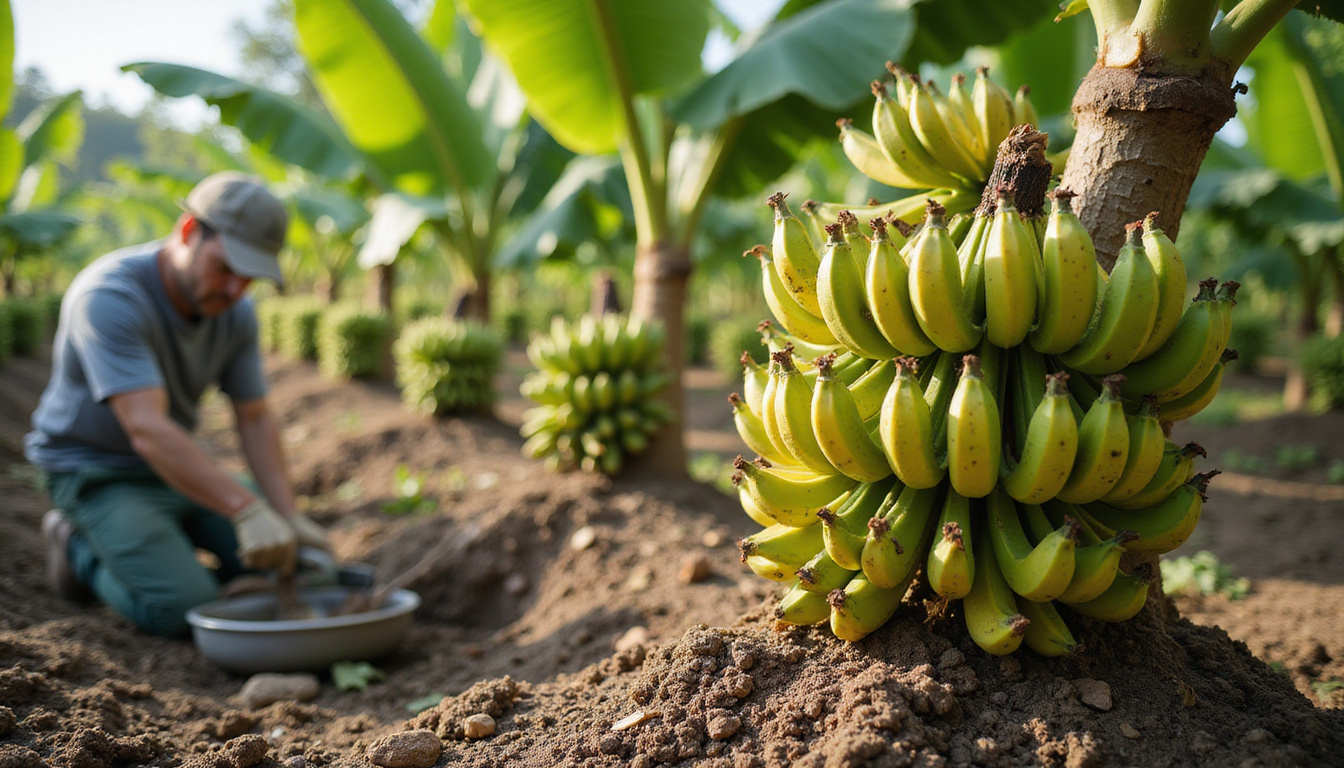  Gardener applying organic fertilizer, mulched soil, deep irrigation, fast growth, vibrant bananas