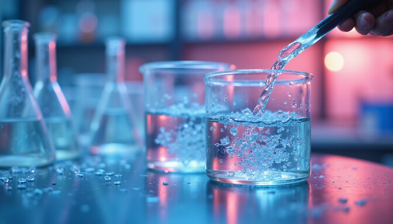  Laboratory scene measuring viscosity: glass beakers, pipettes, hyaluronic molecular chains floating, water droplets magnified