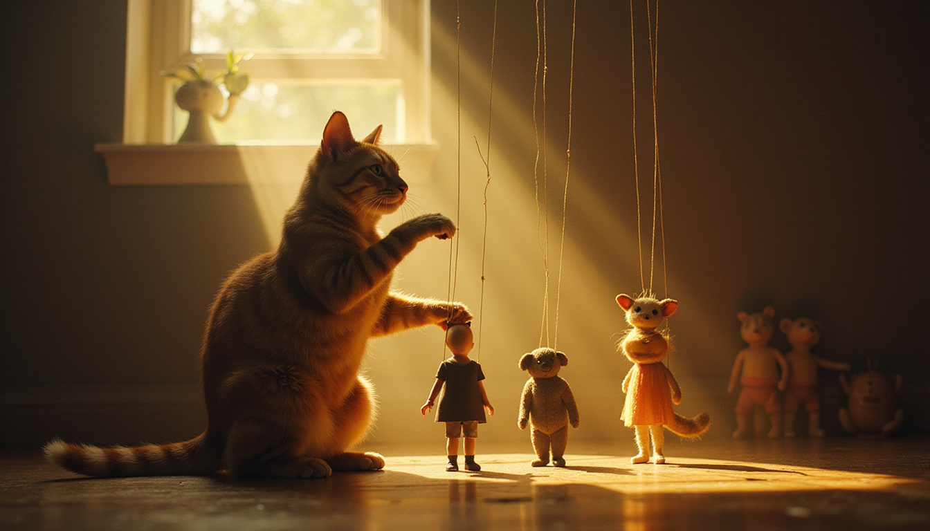  Puppet-master cat pulling human puppet strings from animals