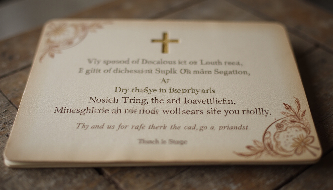 Minimalist memorial prayer card, embossed cross, muted earth tones, delicate serif typography, serene bokeh