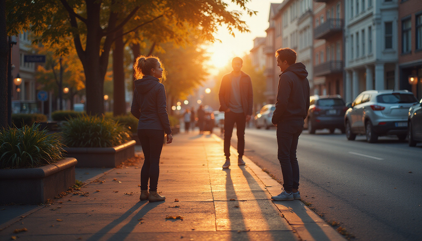  City sidewalk, person pausing to smile at stranger, glowing threads connecting moments, gentle transformative aura