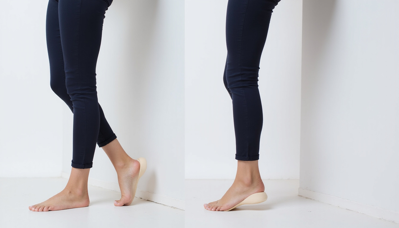 Before-and-after full-body shot demonstrating posture correction from heel insert, bright minimalist studio
