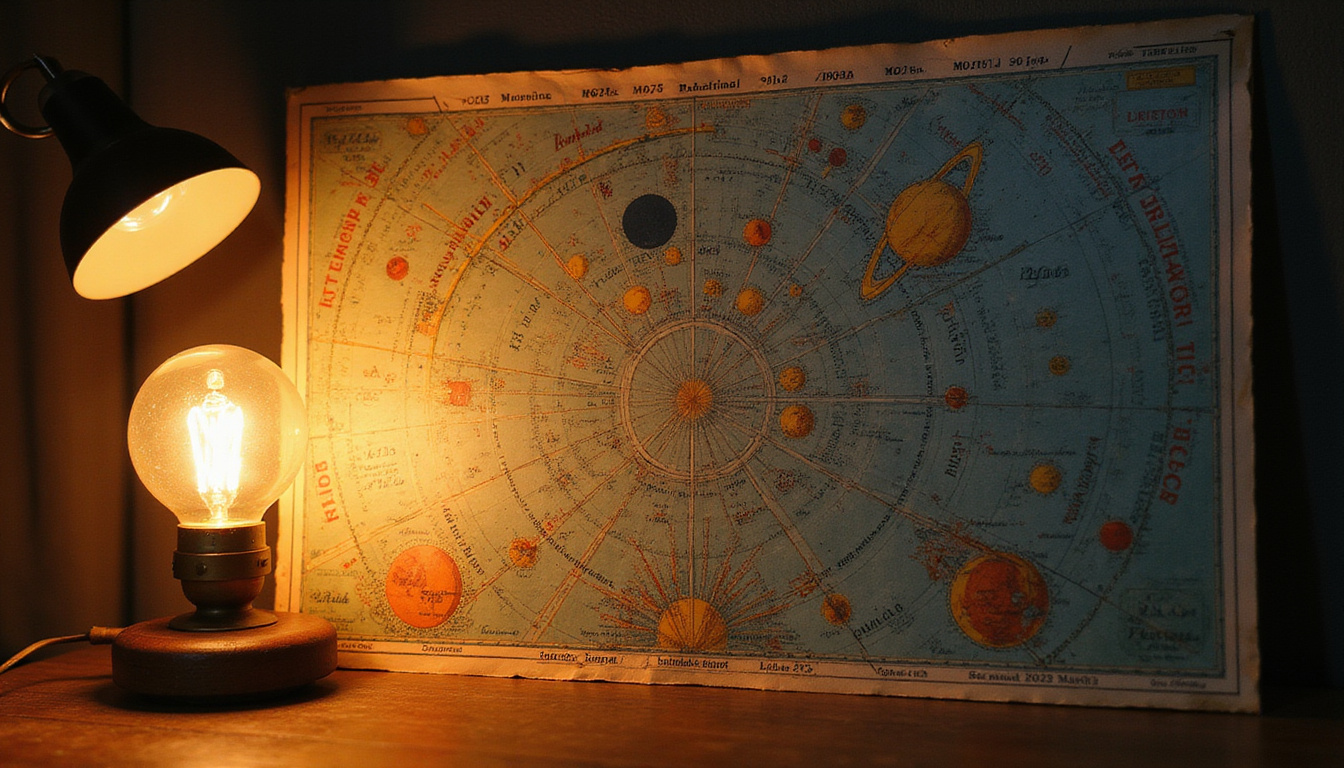 Vintage celestial chart glowing with orbital lines, timestamps, planets, moon phases, cozy study lamp