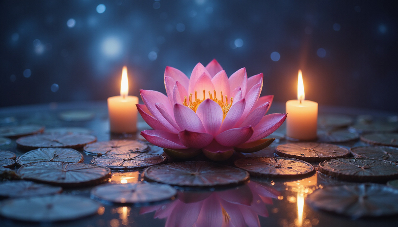 Celestial clockwork hands, blooming lotus, candles, cosmic timing ritual, personal growth aura
